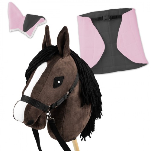 Zestaw Skippi - Hobby Horse Gniady - Derka i nauszniki - różowa i szara