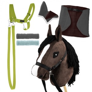Zestaw Skippi - Hobby Horse Gniady - Derka szary i brąz - Kantar j-zielony